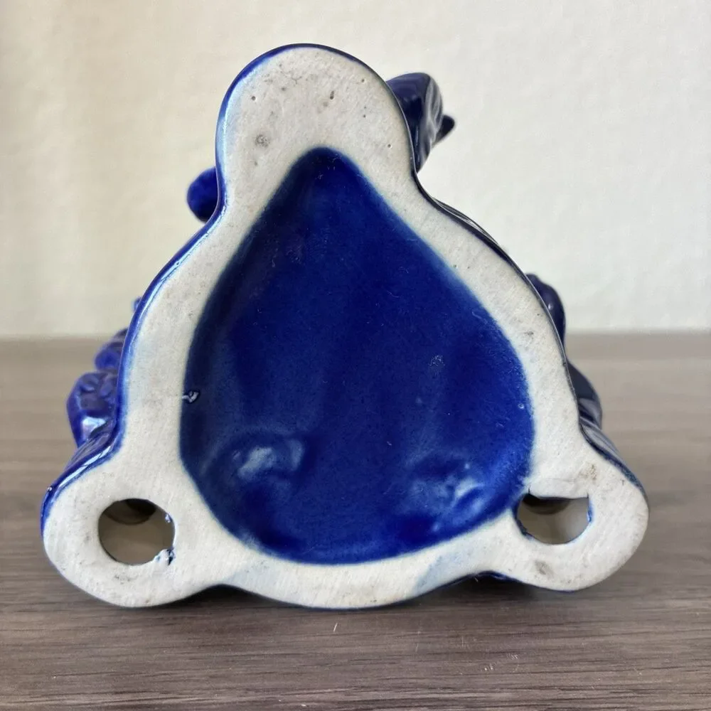 VTG Cobalt Blue Glazed Ceramic Tea/ Votive Candle Holder, 3 Seahorses, Coastal